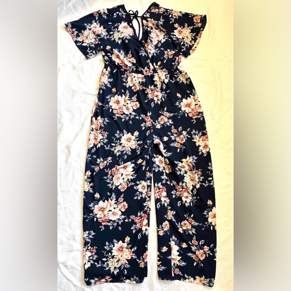 Xhilaration Floral Navy Pink Lightweight Polyester Blend Jumpsuit Women’s XXL - Picture 15 of 16